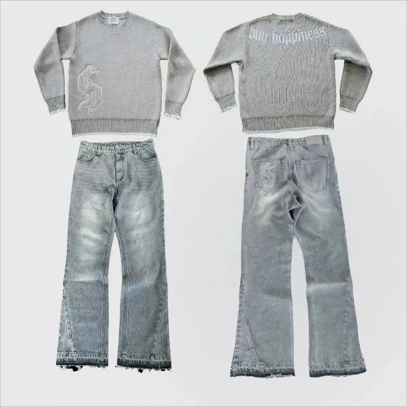 2 pcs Set Y2K Autumn Winter Retro Knitted Sweater Jeans Suit Trendy Hip Hop Dollar Logo Embroidery Streetwear Unisex Baggy Set - NorthSide