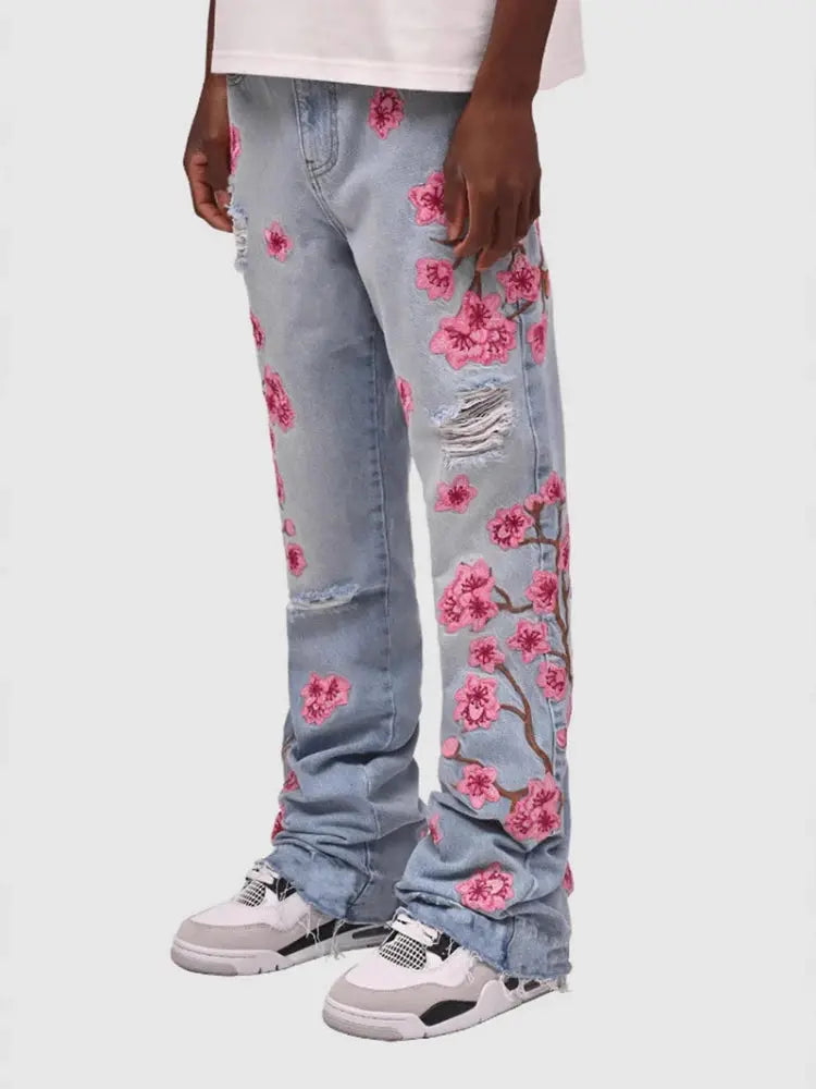 Men Jeans Print Straight Pants Men Denim Jean Button Pockets Pants Streetwear High Street Mid Waist Hole Spliced Spring Summer - NorthSide