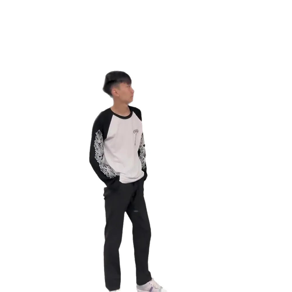 Autumn New Style round Neck Long Sleeve T-Shirt Pure Cotton Base Shirt Couple Trendy Print Color Block Luxury Cotton Tee