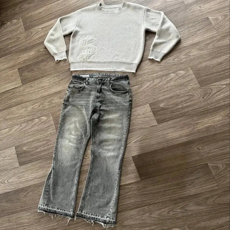 2 pcs Set Y2K Autumn Winter Retro Knitted Sweater Jeans Suit Trendy Hip Hop Dollar Logo Embroidery Streetwear Unisex Baggy Set - NorthSide