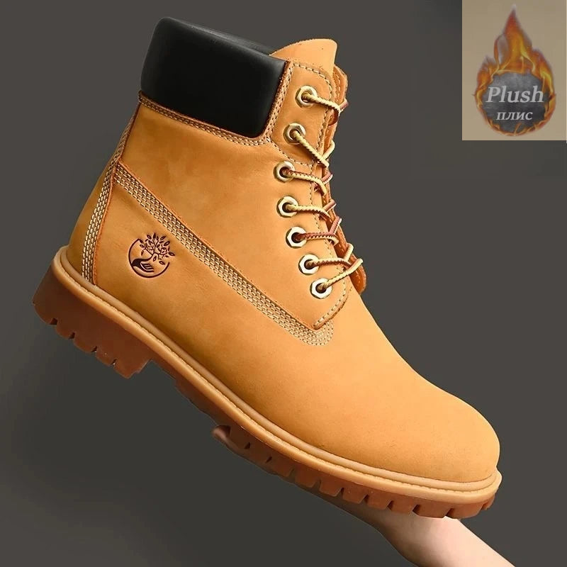 Boots Men High Top Boots Men's Leather Shoes Winter Fashion Plush Warm Shoes Outdoor Sneakers Lace Up Non-Slip Ankle Boots Male