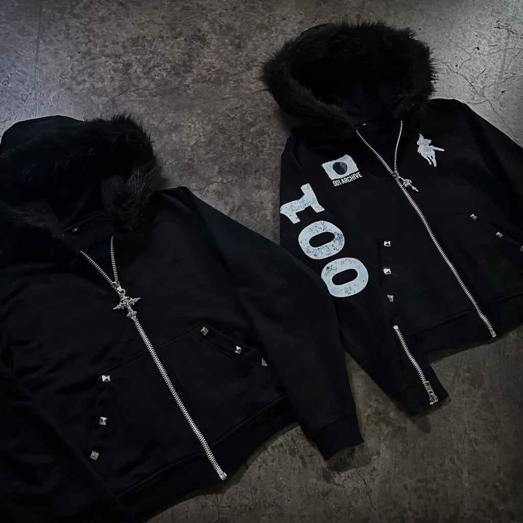 American Street Hip Hop Joker Fur Collar Zipper Hoodie Women Harajuku Y2K New Fashion Vintage Sweatshirt Unisex Punk Warm Hoodie