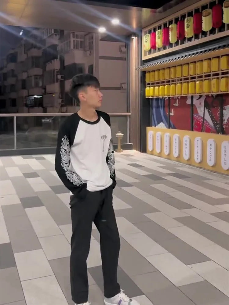 Autumn New Style round Neck Long Sleeve T-Shirt Pure Cotton Base Shirt Couple Trendy Print Color Block Luxury Cotton Tee