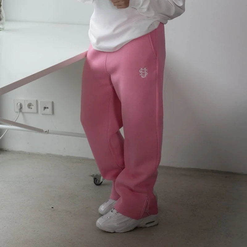 Autumn Drawstring Zipper Sweatpants Solid Color Casual High Street Hip-Hop Rap Street Y2K Style High Waist Trousers