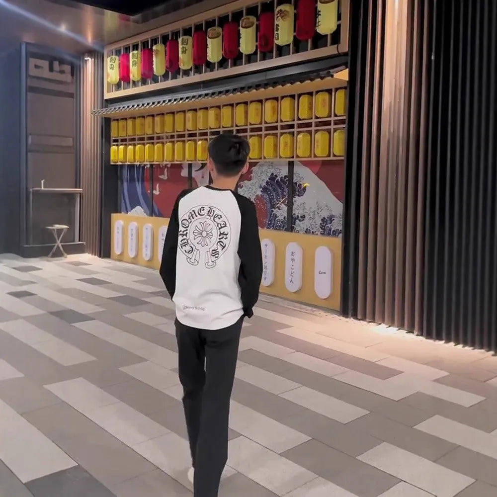 Autumn New Style round Neck Long Sleeve T-Shirt Pure Cotton Base Shirt Couple Trendy Print Color Block Luxury Cotton Tee