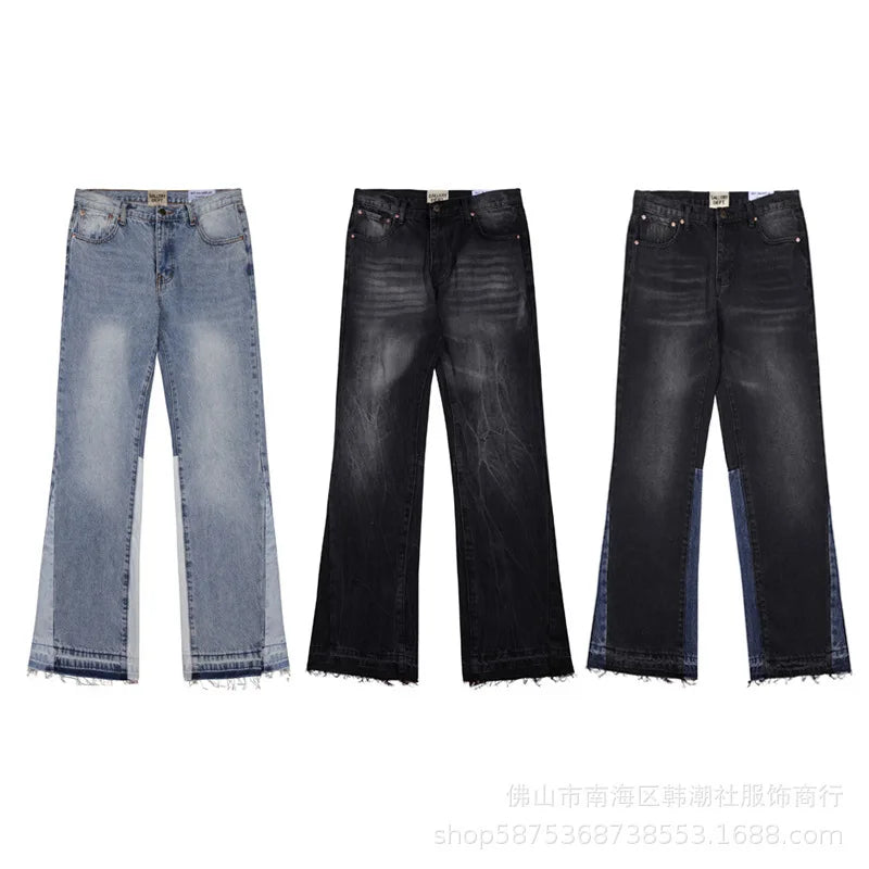 High Quality New Style Washed Micro Flared Black Blue Patchwork Jeans Men Women Long Pants Shorts Comfortable Stretch Denim