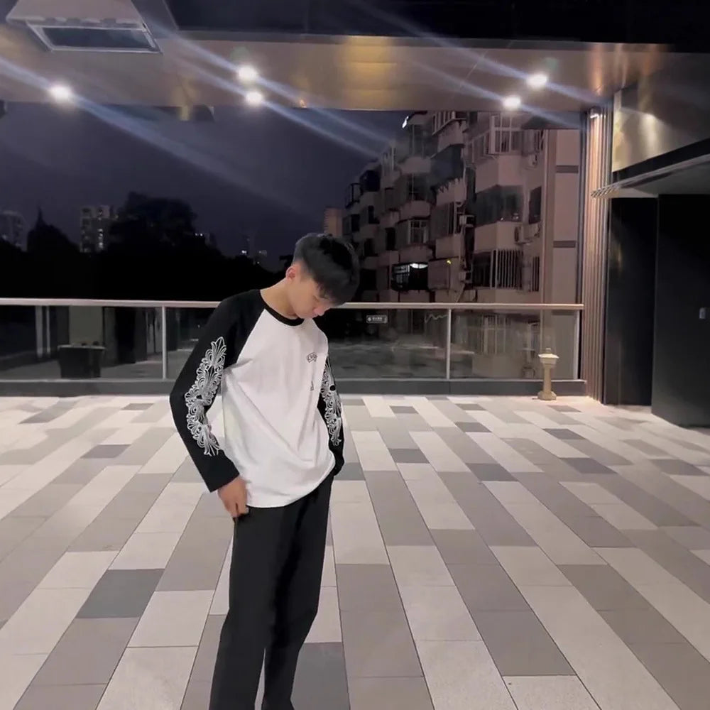 Autumn New Style round Neck Long Sleeve T-Shirt Pure Cotton Base Shirt Couple Trendy Print Color Block Luxury Cotton Tee