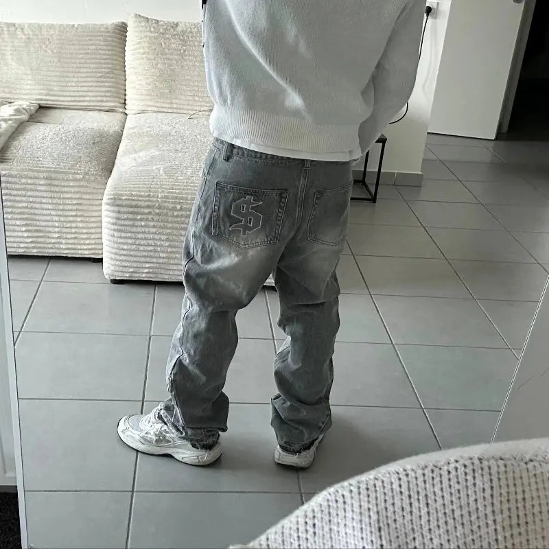 2 pcs Set Y2K Autumn Winter Retro Knitted Sweater Jeans Suit Trendy Hip Hop Dollar Logo Embroidery Streetwear Unisex Baggy Set - NorthSide