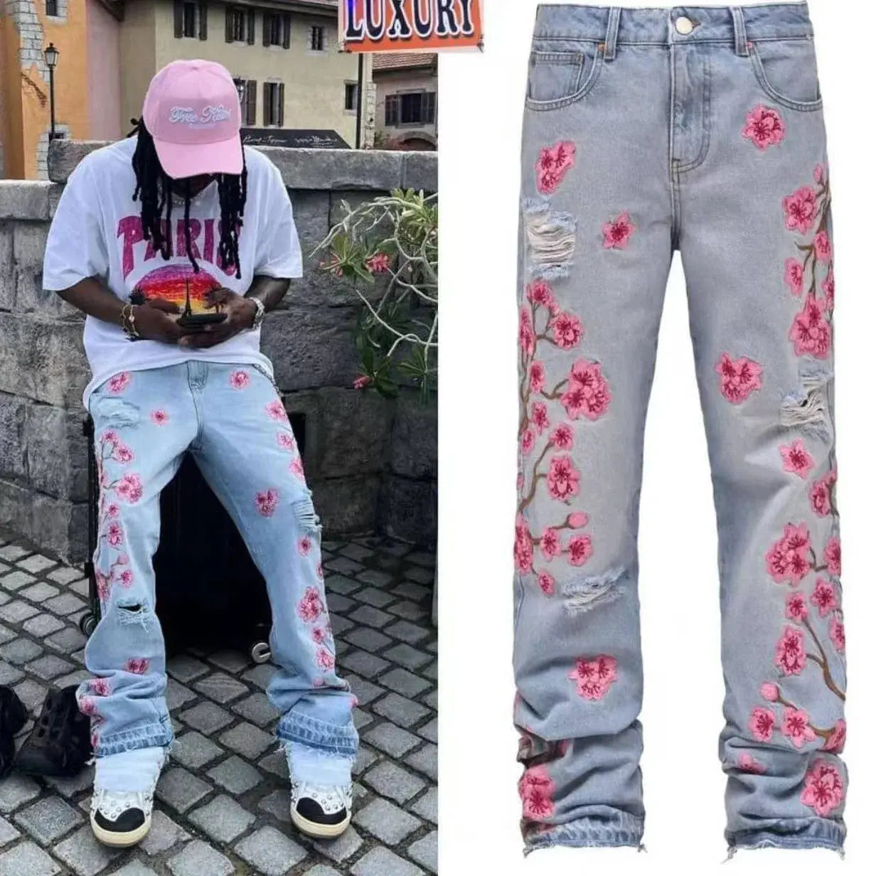 Men Jeans Print Straight Pants Men Denim Jean Button Pockets Pants Streetwear High Street Mid Waist Hole Spliced Spring Summer - NorthSide