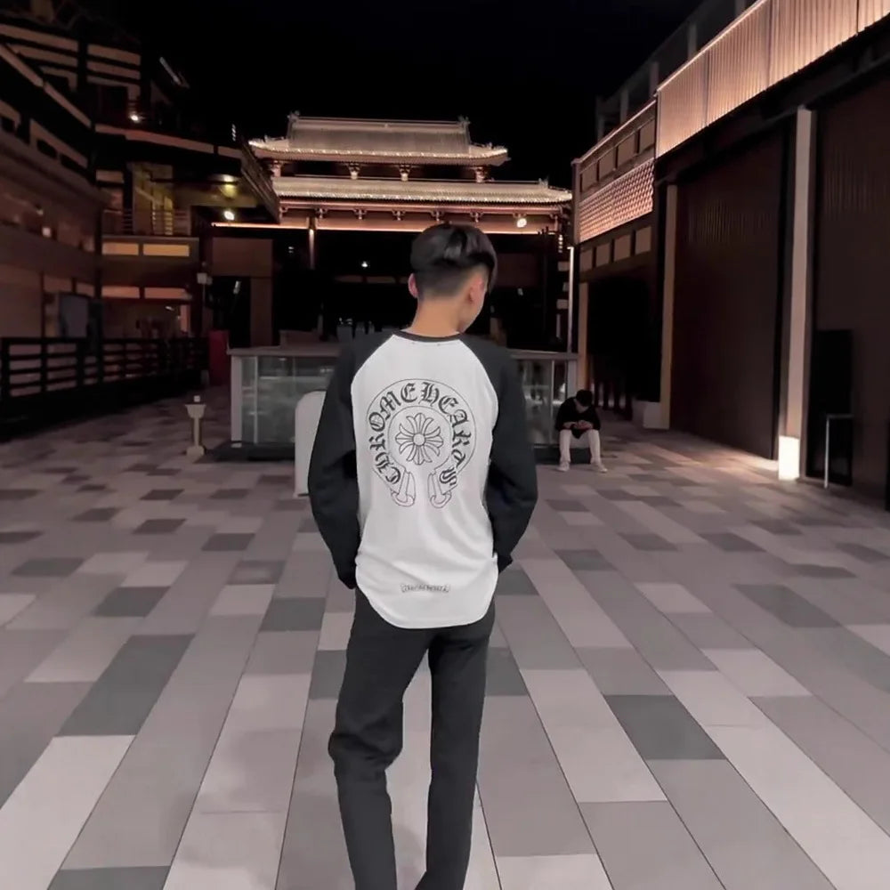 Autumn New Style round Neck Long Sleeve T-Shirt Pure Cotton Base Shirt Couple Trendy Print Color Block Luxury Cotton Tee