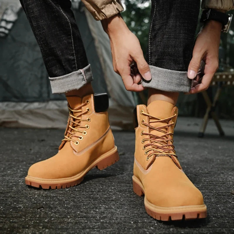Boots Men High Top Boots Men's Leather Shoes Winter Fashion Plush Warm Shoes Outdoor Sneakers Lace Up Non-Slip Ankle Boots Male