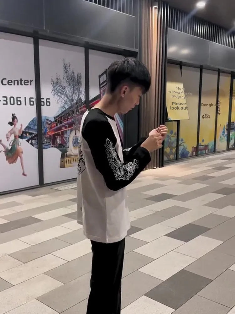 Autumn New Style round Neck Long Sleeve T-Shirt Pure Cotton Base Shirt Couple Trendy Print Color Block Luxury Cotton Tee