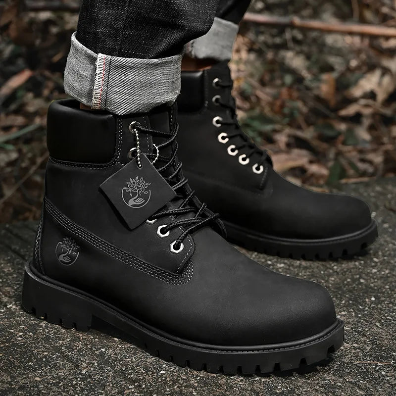 Boots Men High Top Boots Men's Leather Shoes Winter Fashion Plush Warm Shoes Outdoor Sneakers Lace Up Non-Slip Ankle Boots Male