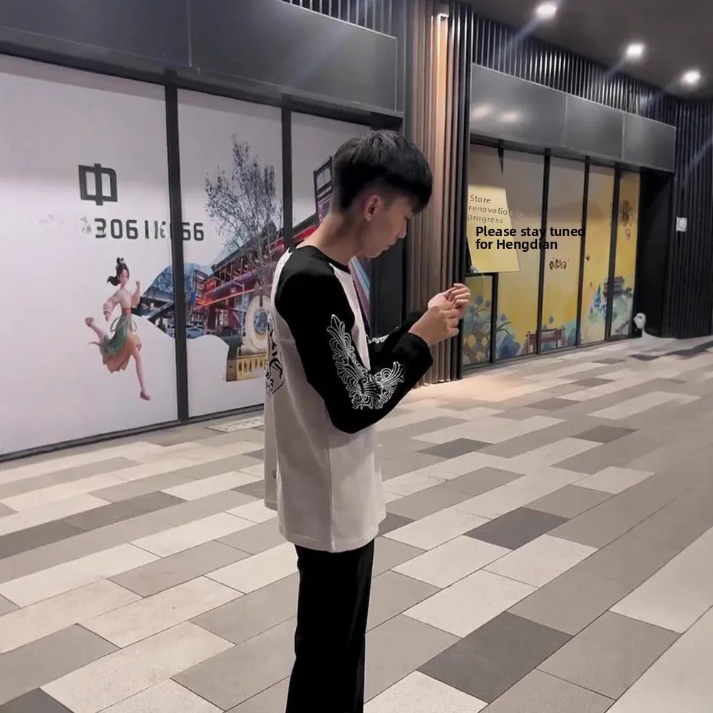 Autumn New Style round Neck Long Sleeve T-Shirt Pure Cotton Base Shirt Couple Trendy Print Color Block Luxury Cotton Tee