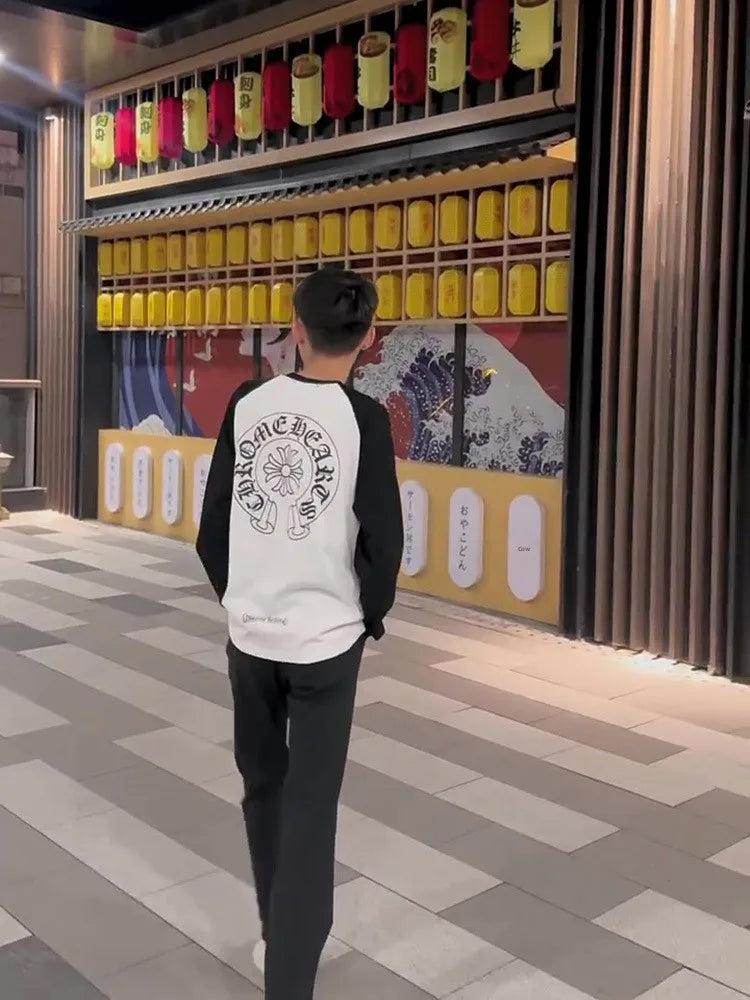 Autumn New Style round Neck Long Sleeve T-Shirt Pure Cotton Base Shirt Couple Trendy Print Color Block Luxury Cotton Tee