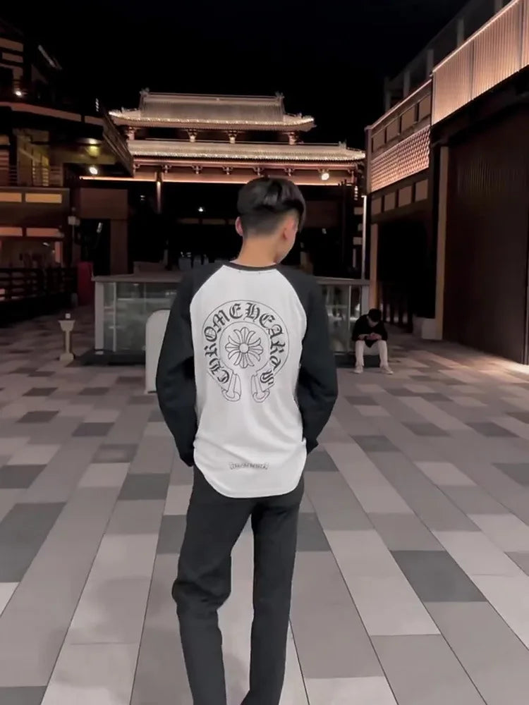 Autumn New Style round Neck Long Sleeve T-Shirt Pure Cotton Base Shirt Couple Trendy Print Color Block Luxury Cotton Tee