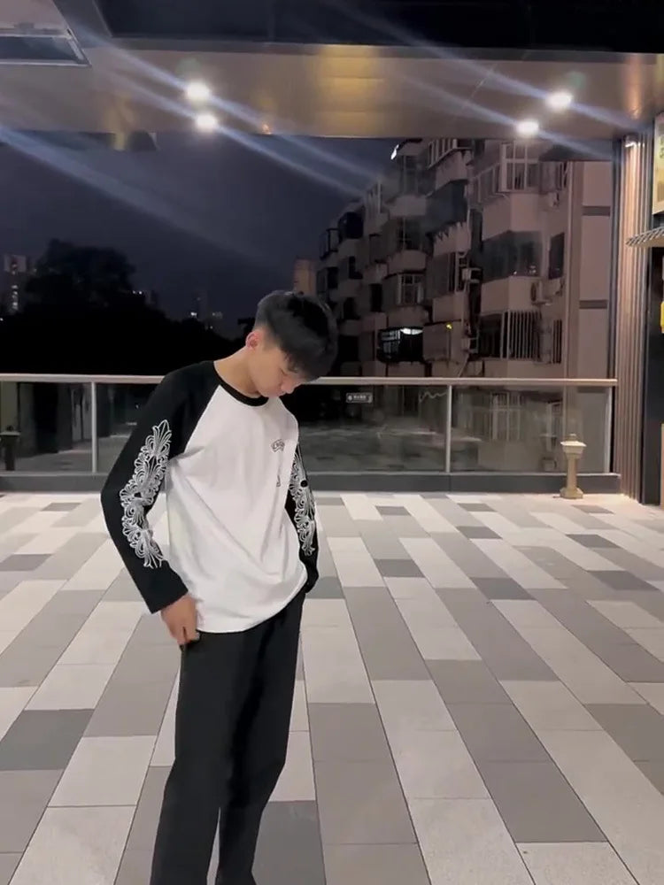 Autumn New Style round Neck Long Sleeve T-Shirt Pure Cotton Base Shirt Couple Trendy Print Color Block Luxury Cotton Tee