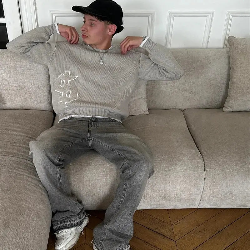 2 pcs Set Y2K Autumn Winter Retro Knitted Sweater Jeans Suit Trendy Hip Hop Dollar Logo Embroidery Streetwear Unisex Baggy Set - NorthSide